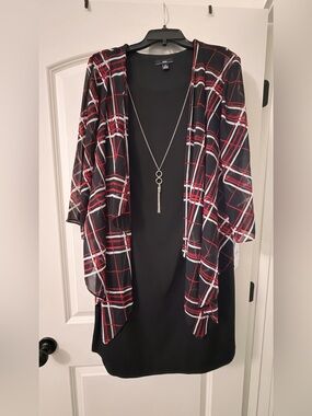 K&K Black Red Plaid Open-Front Jacket Dress